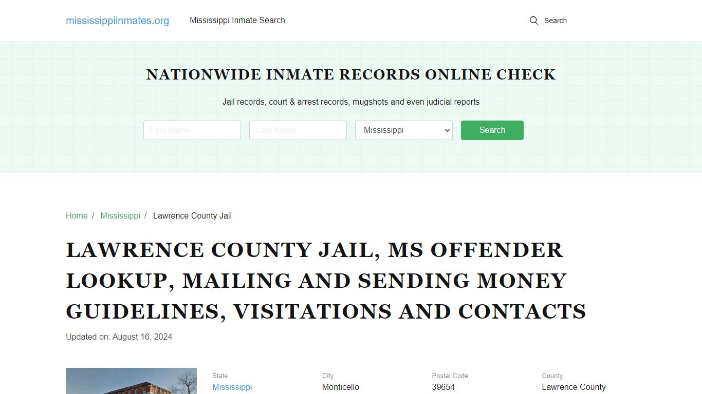 Lawrence County Jail, MS: Inmate Search Options, Visitations, Contacts